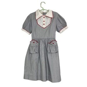 Vintage 1950s Grammer‎ Girl Dress Gray Pinstripe Red Trim Peter Pan CollarSz 8